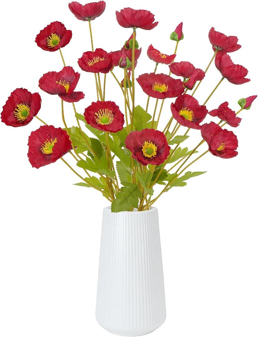 White Artificial Poppy Flowers in Vase, 6PCS Faux Silk Flowers for Vase with Stems for Home Table Centerpieces Wedding Indoor Decor Kitchen Farmhouse
