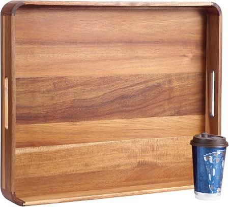 Decent Vrvege Large Wooden Ottoman Tray, Great 22"x18" Rectangle Trays for Big Ottoman Counter, Huge Kitchen Wood Serving Tray Round Corner, Living Room Coffee Table Decor Centerpiece Organizer Trays