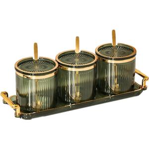 Acrylic Condiment Spice Jars, Condiment Spice Box With Lids and Spoons and Tray, Clear Plastic Condiment Canisters, Seasoning Box 3 Pack, Seasoning Box Set for Kitchen to Storage Salt, Paprika, Sugar (Green)