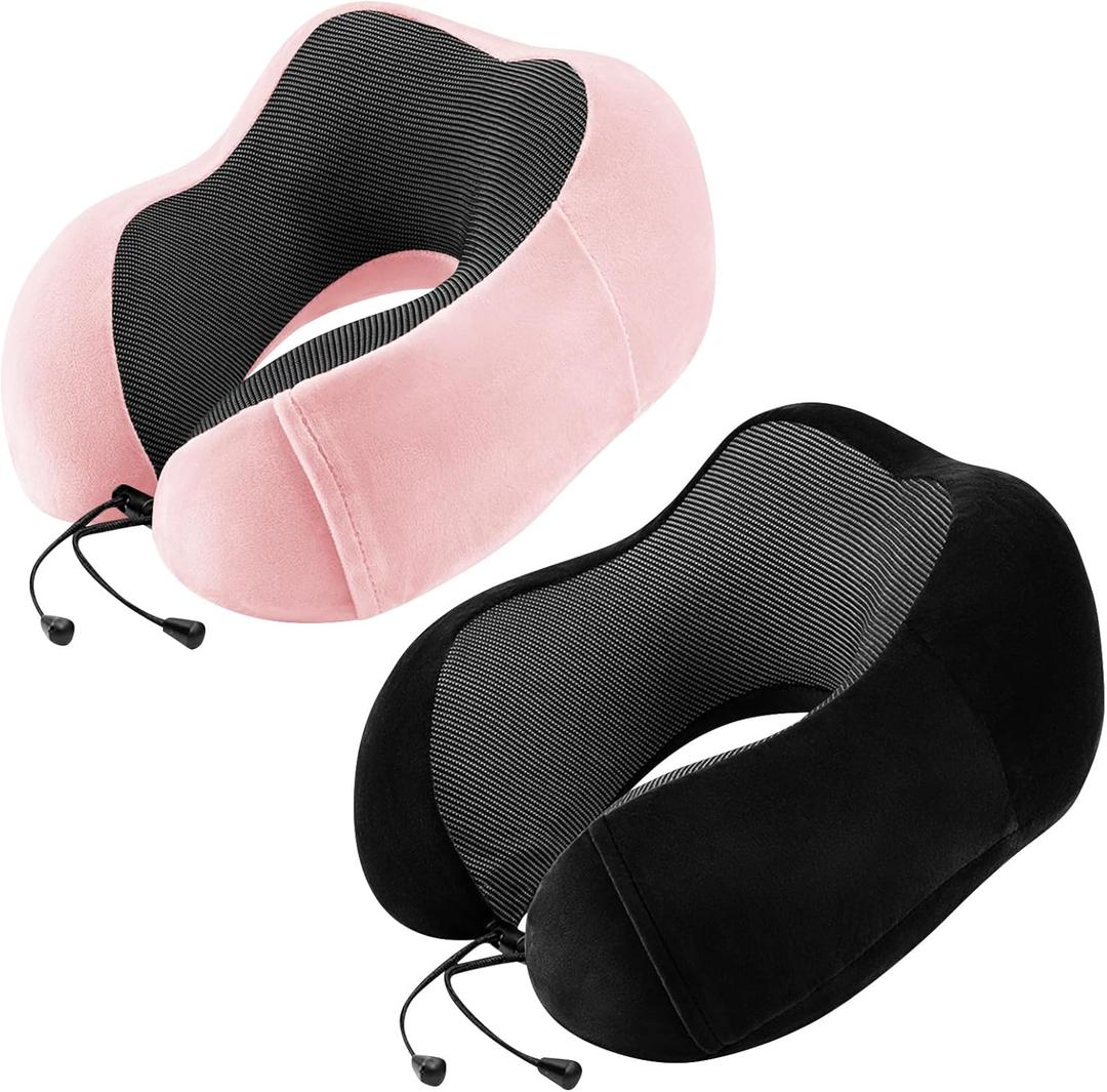 Neck Pillow Airplane-2 Pack Memory Foam Travel Pillow, Soft Support Travel Neck Pillow for Travelling, Sleeping Rest, Car, Train and Home Use (Black&Pink)