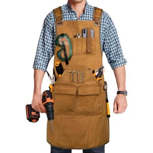 Woodworking Apron for Men, Shop Apron 20 oz Canvas Work Apron with 9 Tool Pockets, Heavy Duty Wood Working Workshop Bib Apron for Carpenter Woodworker Blacksmith, Men Gift, Adjustable to S- 3XL, Khaki
