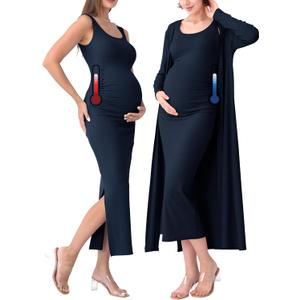 Rnxrbb 2 PCS Spring Summer Maternity Dress Cardigan Set Bodycon Maxi Formal Dresses Boho Baby Shower for Women (Large, Navy)