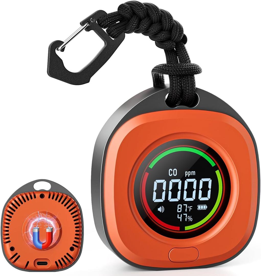 Portable Carbon Monoxide Detectors for Travel 3-in-1 Square Carbon Monoxide Monitor with 43 Detection Holes, RV CO Detector Alarm Temp/Humidity Sensor for Home, Camping & Travel Tent Car (Orange)