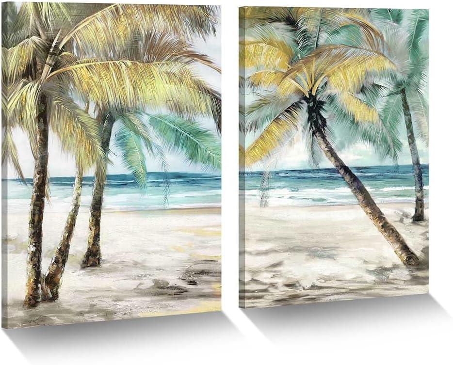 ArtSquare Tropical Beach Canvas wall art: 2 Pieces Coastal Palm Tree Painting Abstract Seaside Wave Seascape Artwork Heavy Textured Seashore Skyline Prints Modern Ocean Shoreline Pictures for Bedroom, 18"x24"x2PCS