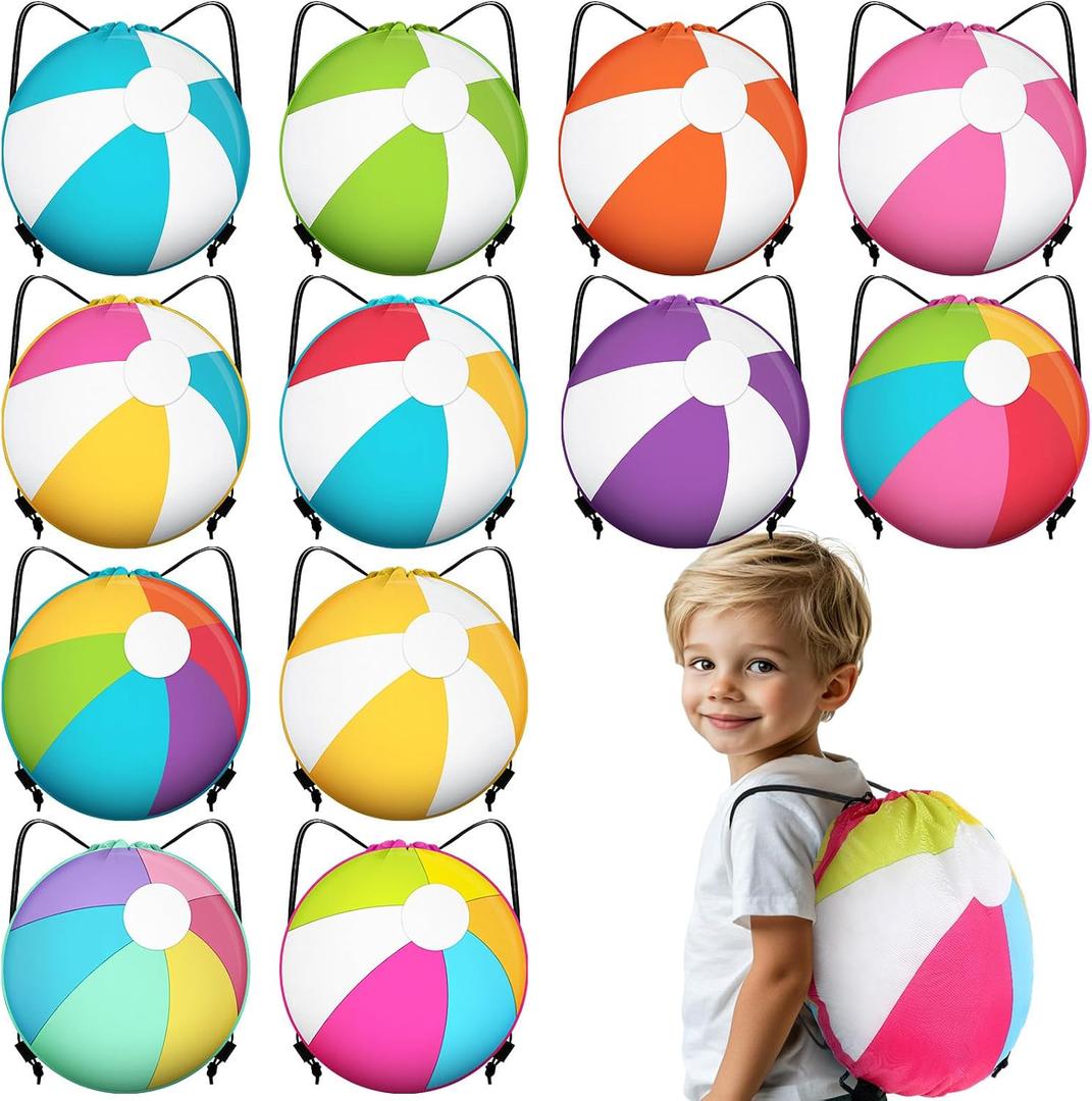 Kacctyen 12 Pcs Beach Ball Drawstring Bags Beach Ball Goodie Bags Summer Drawstring Backpack for Kids Summer Basket Pool Party