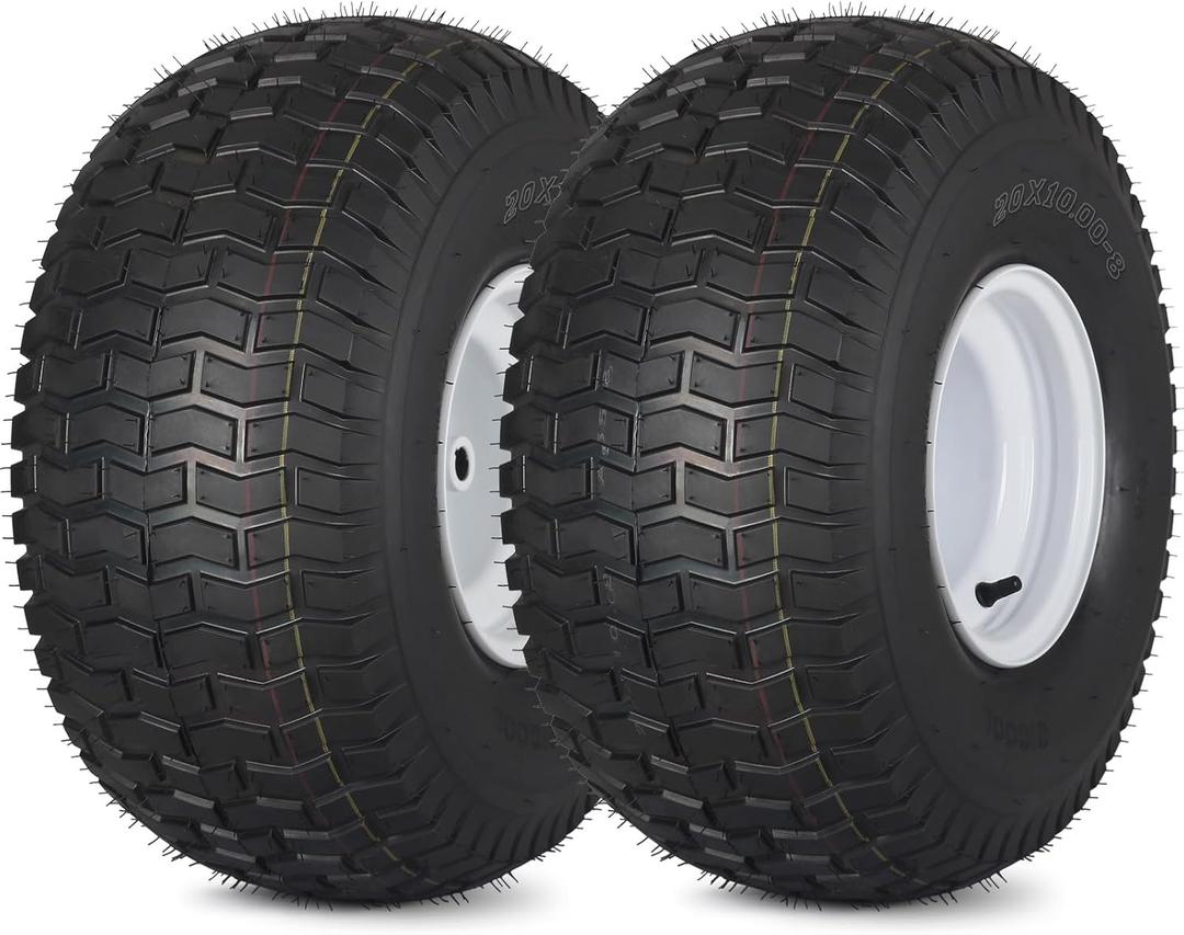20x10.00-8 Lawn Mower Tire and Wheel, 4 Ply Tubeless Tire, Replacement 20x10-8nhs Riding Lawn Mower and Tractor Rear Tire and Wheel Assemblies, 3.5" Offset Hub, 3/4" Borehole, and 3/16" Keyway