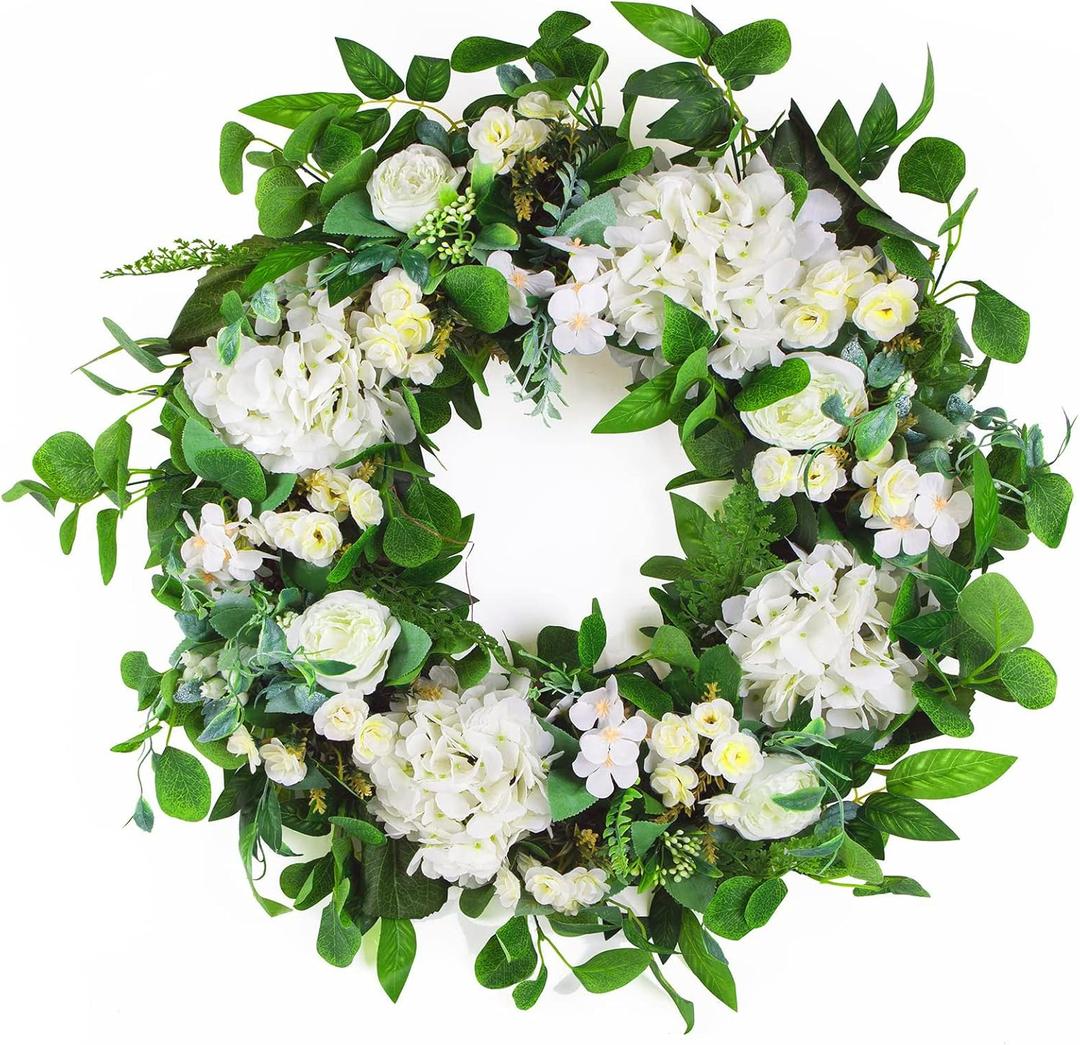 24 Inch Spring Summer Wreaths for Front Door, Spring Wreath,Summer Door Wreaths Outside,Large Floral Flowers Wreath with White Hydrangea for All Seasons Indoor Outdoor Home Decor