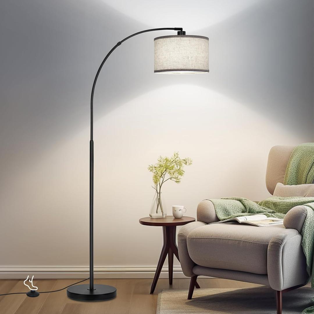 DWTB Black Arc Floor Lamps for Living Room,Modern Standing Lamp with Adjustable Drum Lampshade Tall Pole Lamp with Foot Switch Over Couch Arched Floor Light for Reading Bedroom 8W LED Bulb Included