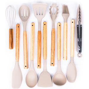 Dusico Silicone Cooking Utensils Set of 12 Pcs with Wood Handles. Heat Resistant Kitchen Utensils for Nonstick Cookware, BPA Free Silicone Spatula Set & Cooking Spoons, Kitchen Gadgets (Beige)