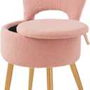 Small Vanity Stool Chair with Storage and Folding Back,4 Metal Legs with Anti-Slip Feet,Round Ottoman with Velvet Seat, Furry Padded Seat for Makeup, Bedroom (Black, Standard) (Pink)