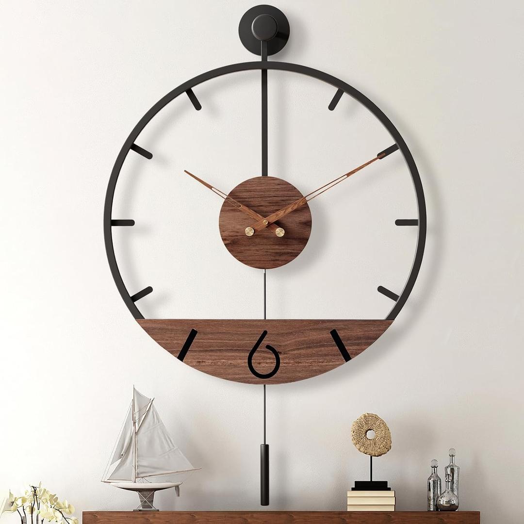 34.624 Inch Large Modern Decorative Pendulum Wall Clock,Big Metal Farmhouse Oversized Silent Wall Clocks Minimalist Elegant Walnut Dial Pointers for Living Room,Office,Dining Room Decor (Black)
