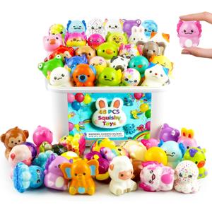 48-Pack Slow Squishy Toys Soft Stress Relief Fidgets Toys for Kids 4-12, with 48 Encouragement & Gratitude Cards, Birthday Party Favors Goodie Bags Stuffers Classroom Prizes (Animal, 48)