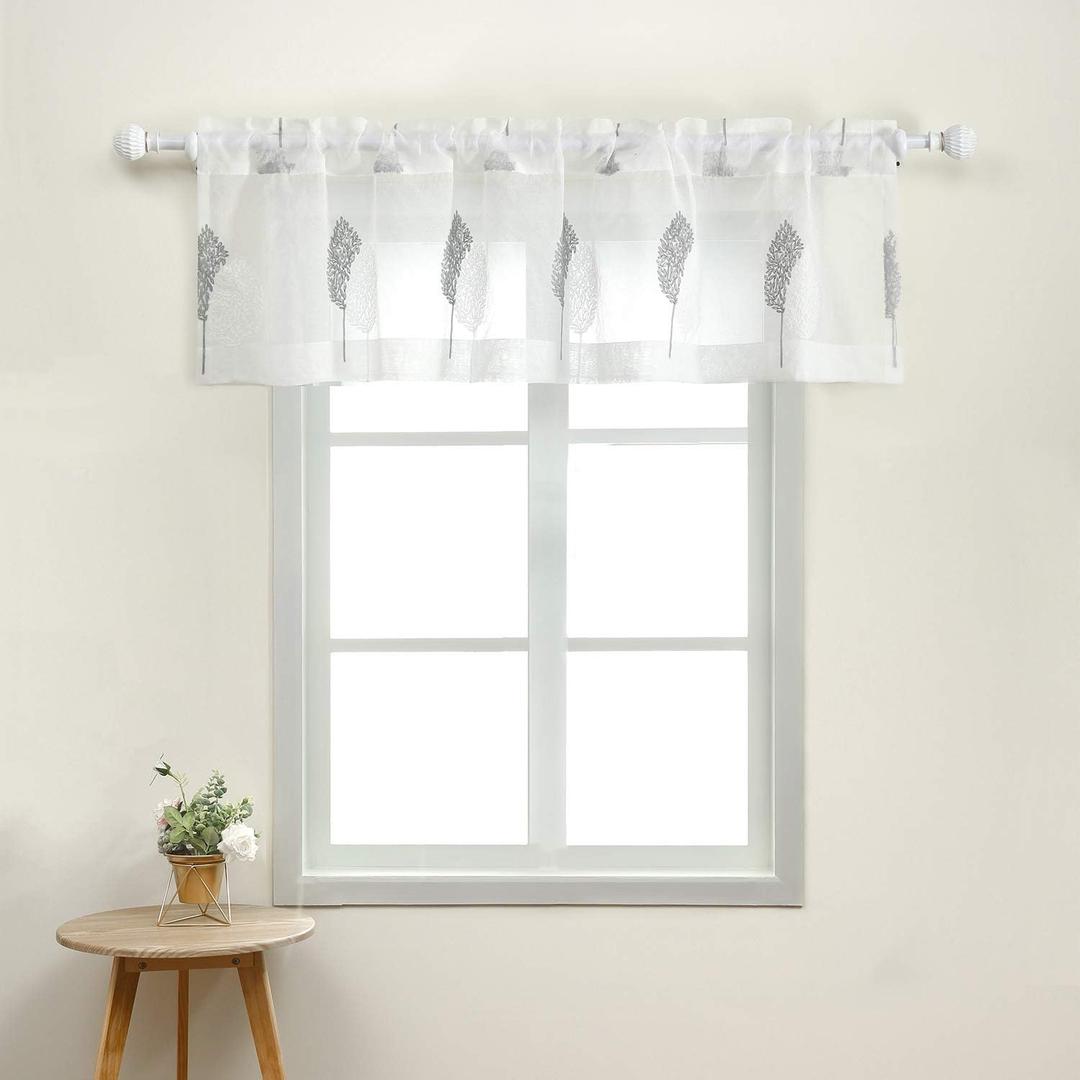 VOGOL White Rod Pocket Sheer Valance, Solid Window Treatment Kitchen Curtains Valances for Windows, Leaves Embroidered Curtain Panels for Living Room (W 52 x L 18 Inch, 1 Panel, Banyan), 2Pcs 30" x 36"