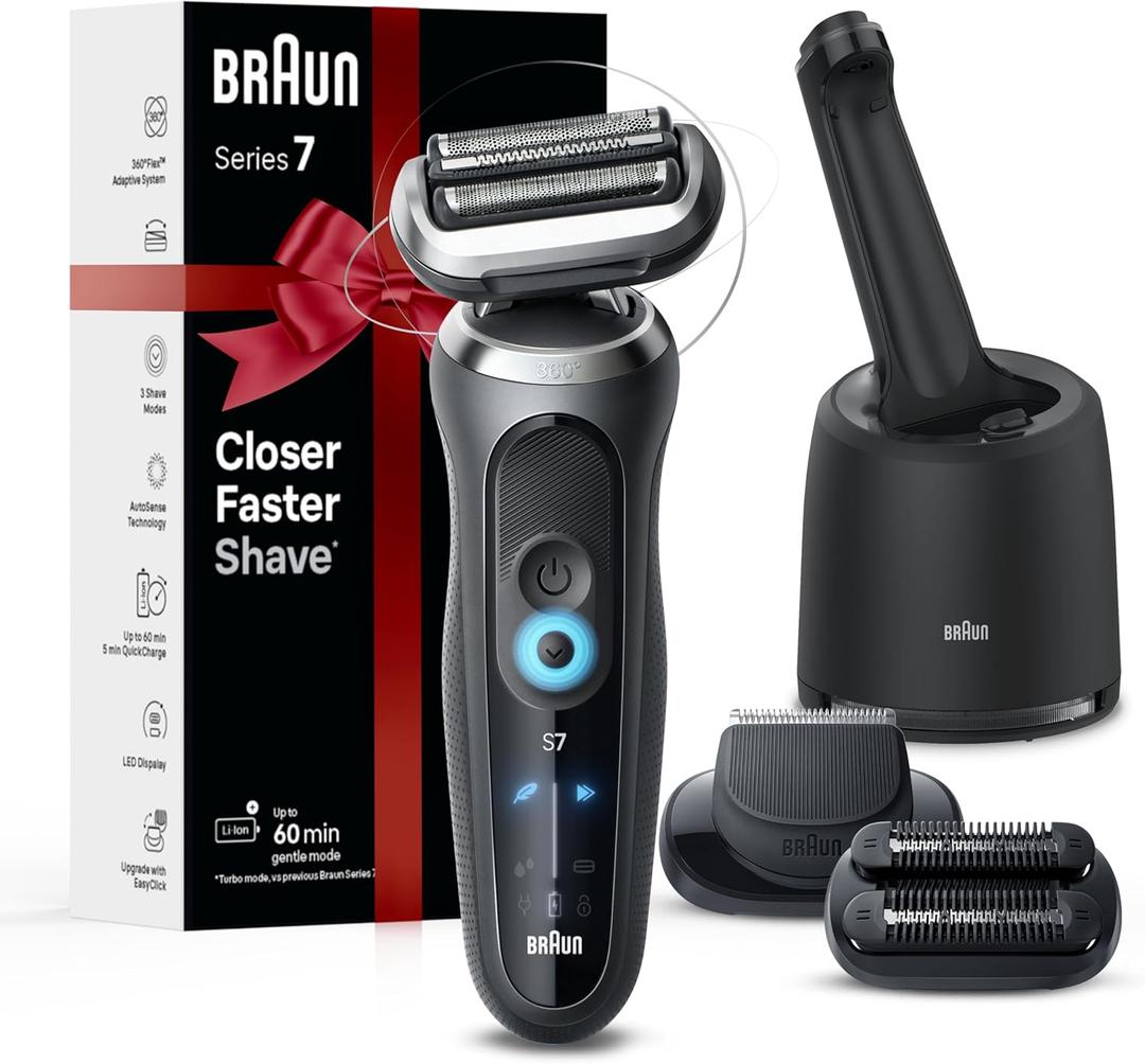 Braun Electric Shaver for Men, Series 7 7185cc, Waterproof, Wet & Dry Shave, Shaving Kit with SmartCare Center and Beard Trimmer, 3 Shave Modes, 60 Minute Battery Runtime, 10 Piece Set (Grey)