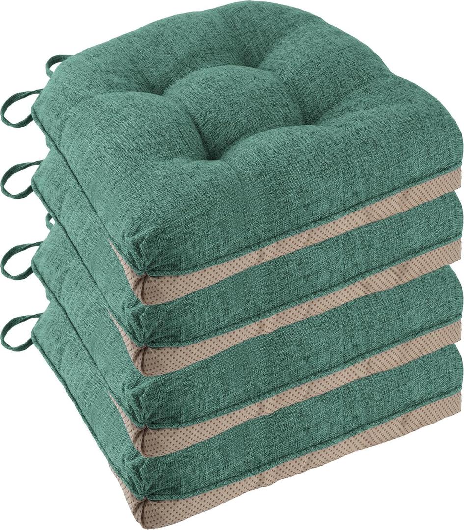 Non Slip Chair Cushions for Dining Chairs Set of 4 Kitchen Chair Cushions 18"x18"x3" Turfted Chair Pads Comfortable and Soft Seat Cushion with Ties, Green