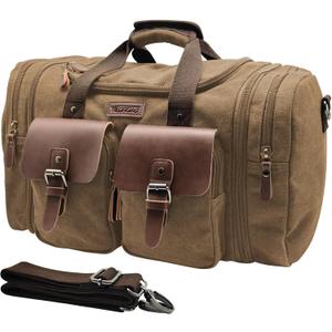 Wildroad 50L Travel Duffel Bag, Expandable Canvas Genuine Leather Duffle Bag Upgraded Overnight Weekender Carry on Bag