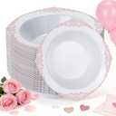 Bestluck 100 Pack White Plastic Bowls with Rose Gold Relief Rim, 12oz Plastic Salad Bowl, Disposable Bowls for Party, Dinners, Weddings, Christmas, Thanksgiving, Valentine's Day