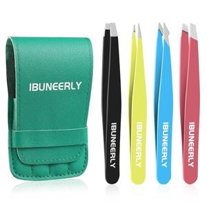 iBuneerly Eyebrows Tweezers Set, 4Pcs Stainless Steel Tweezers for Women with Travel Case, Great Precision for Ingrown Hair, Facial Hair and Splinter Removal