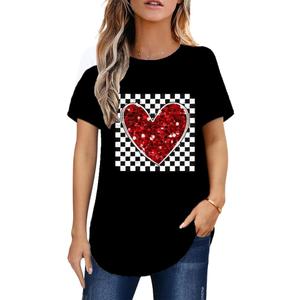 Valentines Day Tops for Women Casual Checkerboard Love Heart Print Valentine T Shirts Blouse Black XS