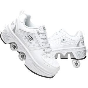 Four-Wheel 2-in-1 Roller Skate Shoes Unisex Skates Detachable Kids Sneakers with Wheels (White)