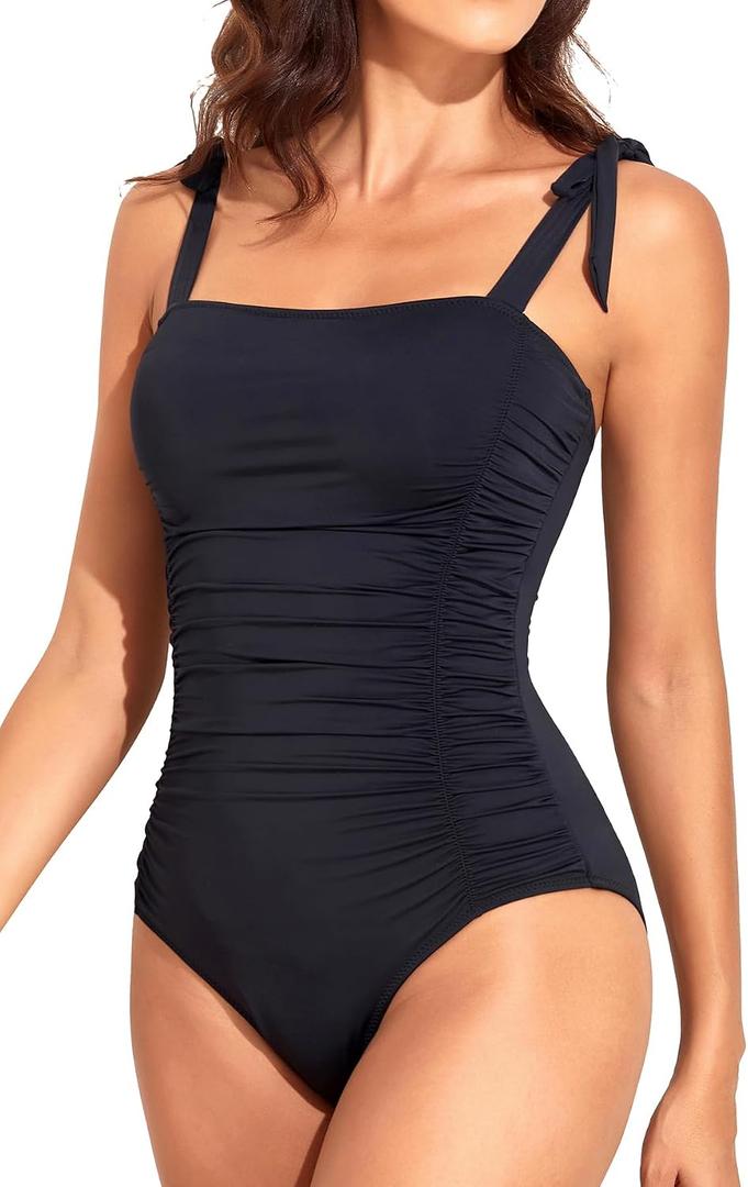 Tempt Me Women's Black One Piece Swimsuits Ruched Slimming Bathing Suits Vintage Swimwear XXS