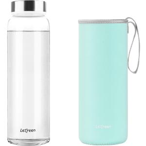 Glass Water Bottle 32 oz, Borosilicate Wide Mouth Glass Water Bottle with Neoprene Sleeve, BPA-Free Leak Proof Reusable for Hot Cold Drinks, Work, Gym, Home, 1 Pack
