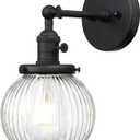PERMO Vintage Industrial Wall Sconce Matte Black Single Wall Sconces with 5.9" Round Clear Globe Ribbed Glass Shade Hardwired Wall Light for Bedroom Living Room Office