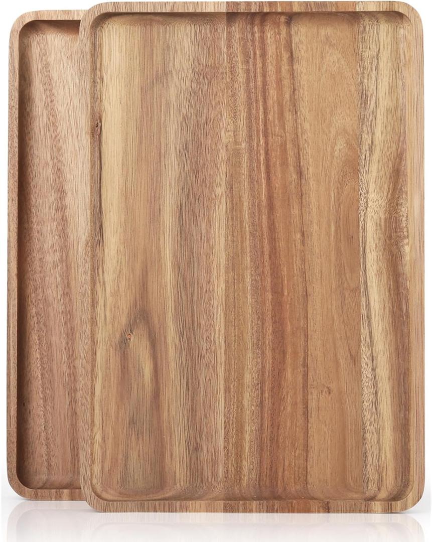 2 PCS 16 x 12 in Large Solid Acacia Wood Serving Trays Rectangular Wooden Serving Platters Natural Wooden Boards for Bar Coffee PartyWood Log Color