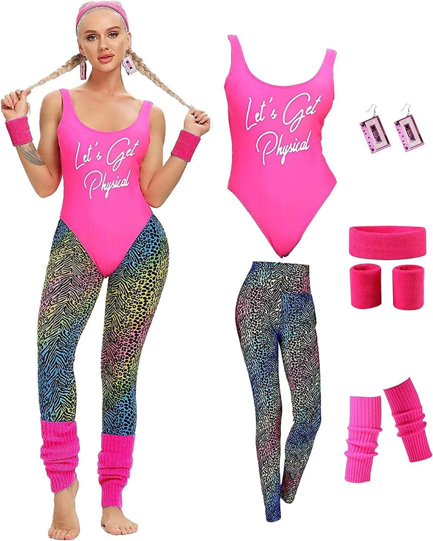MIAIULIA Womens 80s Workout Costume Outfit 80s Accessories Set Leotard Neon Legging Headband Wristbands Set (Small, Let's Get Physical Pink)