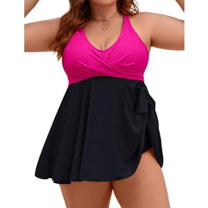 Edelqual Womens Plus Size Tankini Swimsuit Two Piece Tummy Control Bathing Suits Swim Dress Swimwear with Shorts (XX-Large Plus, Hot Pink & Black)