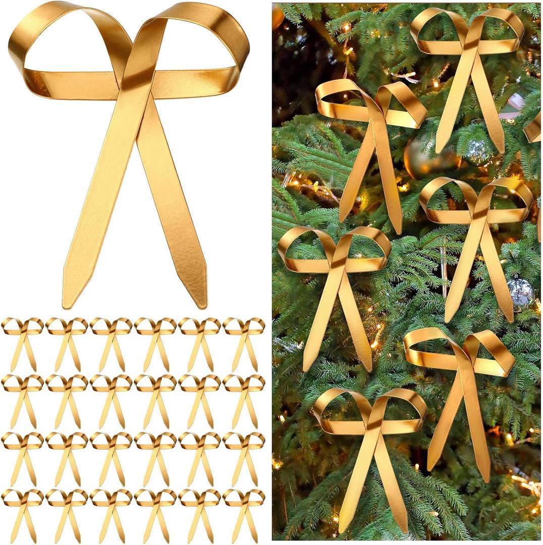 24 Pcs Gold Metal Christmas Bow Ornaments for Christmas Tree Garland Wreath Bulk Bow with Clip Ornament Vintage Indoor Outdoor Home Xmas Party Decorations, 4 x 5 Inches