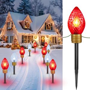 Minetom Jumbo C9 Christmas Pathway Lights Outdoor - 2 Pack 10.5 Feet 5 Lights, C7 Covered Multicolor Bulb Decorations for Lawn Outside, Red & Cool White