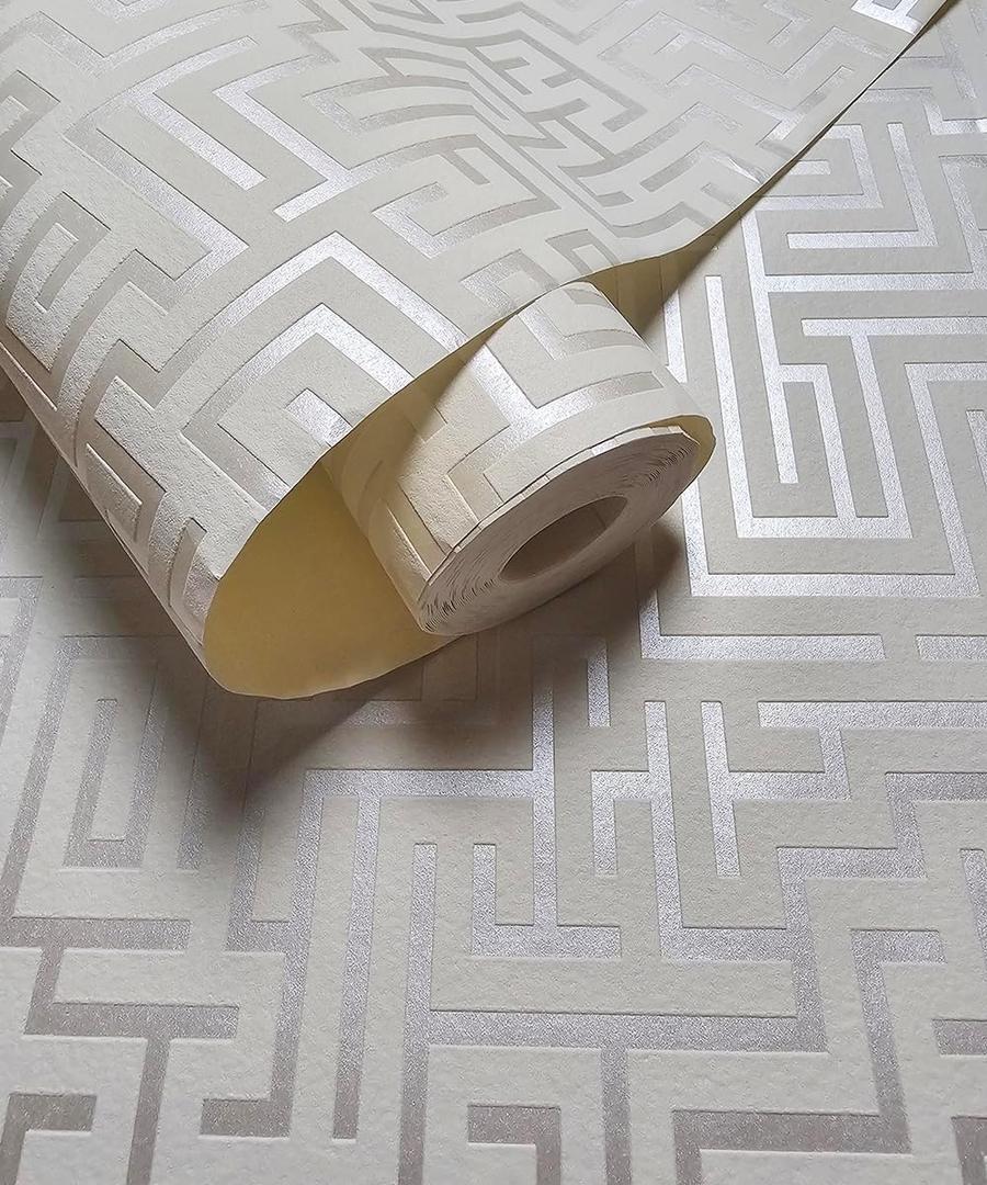 AMINAH DECO Matte Textured Greek Key Wallpaper Art 3D Pearl & White Maze Matte Non Woven Wall Paper Roll 20.8" x 32.80 ft (57.0 sq. ft)
