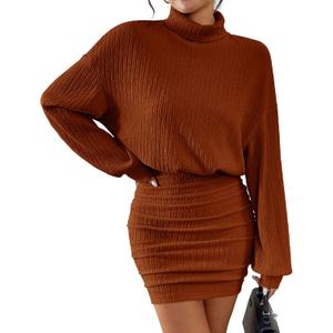 MITILLY Long Sleeve Mini Dress for Women Formal Wedding Party | Long Sleeve Dress, Pullover Turtleneck, Bodycon Ruched, Short Mini Dresses, for Wedding, Cocktail, Prom (M)