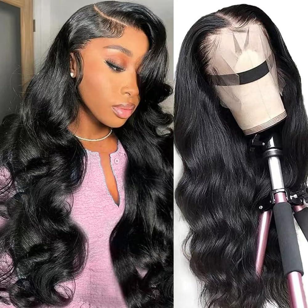 20 Inch Human Hair Wig Body Wave Lace Front Wigs 180% Density 13x4 HD Transparent Lace Frontal Wigs Natural Black Color Pre Plucked Hairline 10A Virgin Hair Glueless Wigs for Women