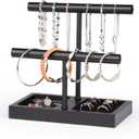 SZQINJI Jewelry Holder Organizers Bracelet Holder Display Stand, Solid Wood Base with 2 Tier Metal T-bar for Bracelet Wristband Bangle Watch Necklace Hanging, Black, Christmas Gift