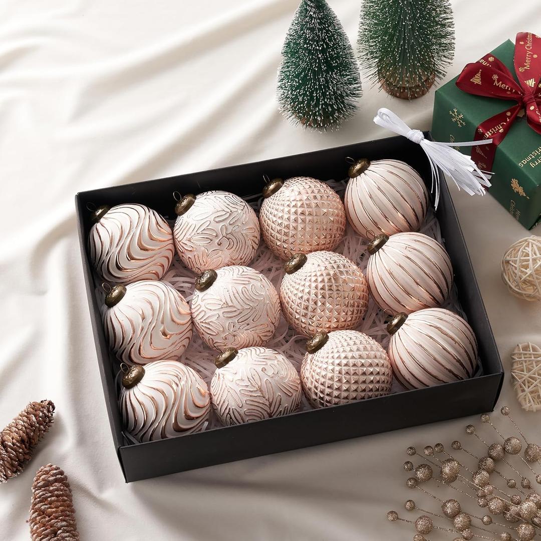 Pink Christmas Tree Ornaments Ball, 12 Pcs 4 Styles Hand-Polished Christmas Balls Shatterproof Xmas Hanging Ornaments Decor Set for Tree Garland Wreath (Rose Gold)