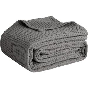100% Cotton Blankets for Bed - Waffle Weave Blankets for Summer, Lightweight and Breathable Soft Woven Blanket for Spring (Dark Grey, Throw (50" x 60"))