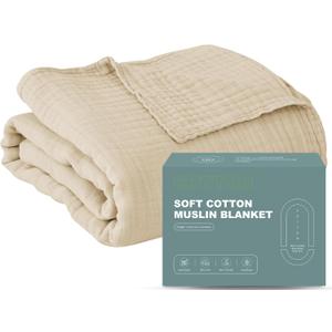 Cosy Family 6 Layer Muslin Bed Blanket - Breathable and Lightweight Gauze Boho Blanket for Spring, Soft 100% Cotton Muslin, Light Tan, 55x80 Inches
