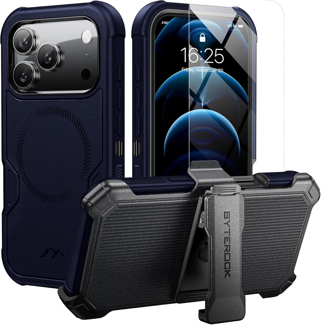 for iPhone 17 Pro Case 6.3" with Belt Clip Holster,Anti-Drop, Shockproof, Heavy Duty Protection, Compatible with MagSafe,w/Screen Protector,with 360 Rotating Kickstand Blue