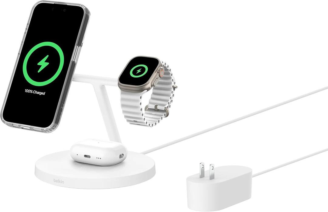 Belkin MagSafe-Compatible Charger, 3-in-1 Wireless Charging Station, Qi2-Certified 15W Wireless Charge for Apple iPhone 17 Series, Apple Watch, AirPods w/Non-Slip Base, 40W Included