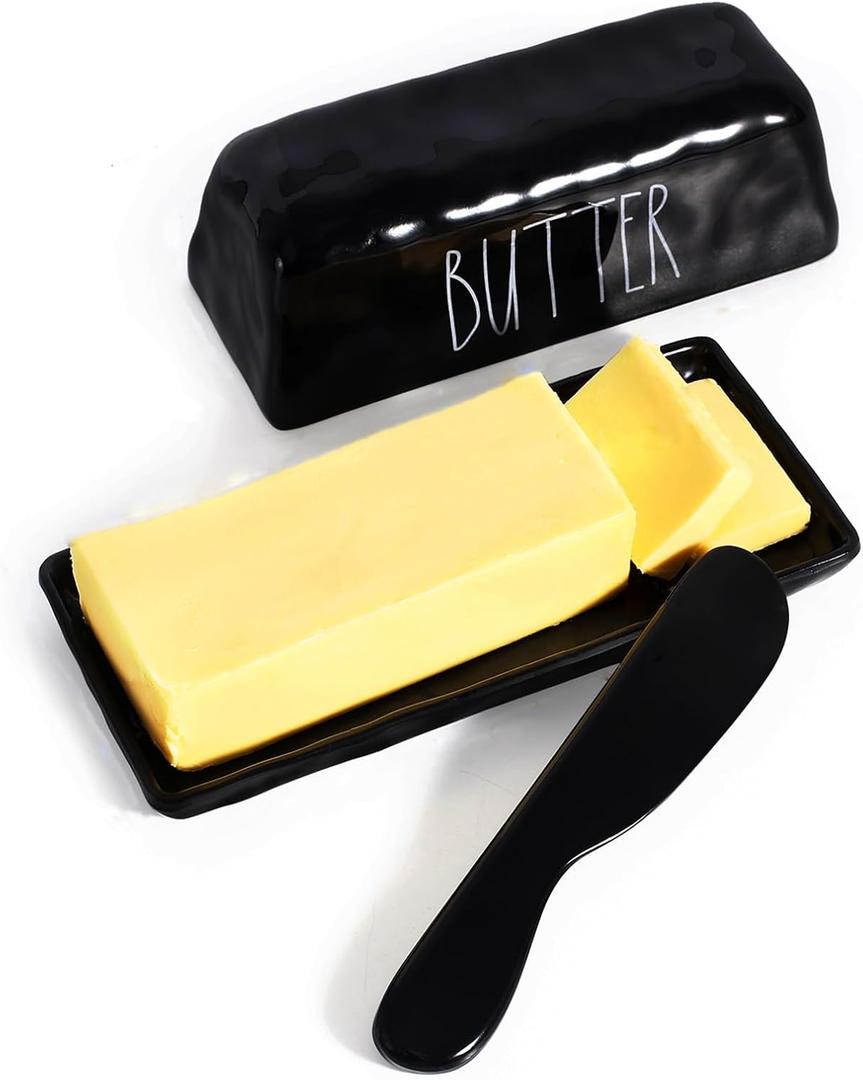 TP Butter Dish with Lid, Melamine Butter Holder for Countertop with Knife, Butter Keeper Container with Cover, Unbreakable Durable Dishwasher Safe, Black