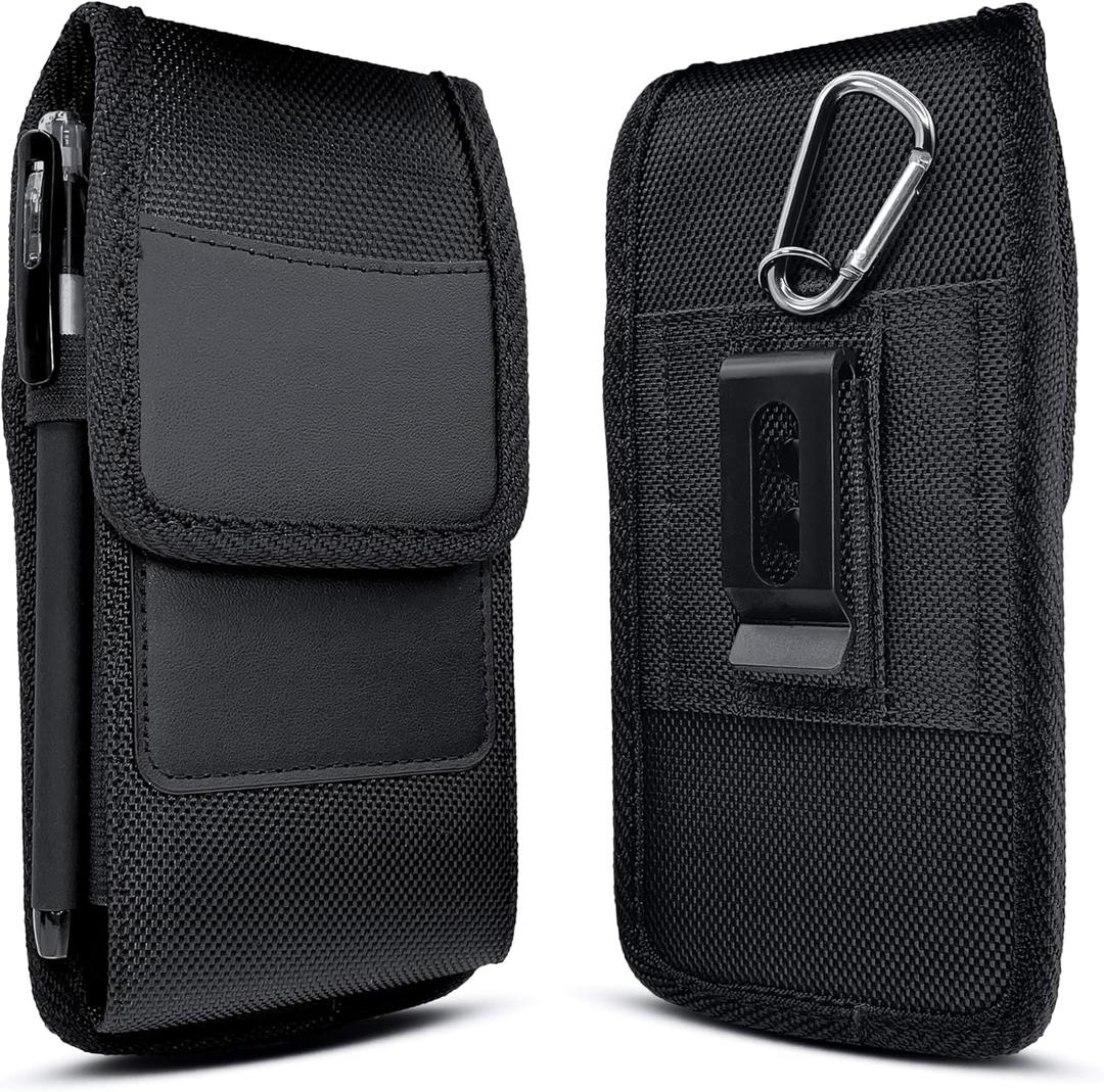 Cell Phone Belt Case for iPhone & Pro Models (17 16 16e 15 14 13 12 11 X XS XR), Nylon Holster Clip Pouch, ID Card Holder Pocket, Black | with Clip, ID Card Pouch