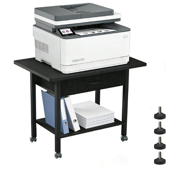 Large 22" x 15" Under Desk Printer Stand, 2-Tier Shelf Printer Table with Storage Fabric Drawer and Wheels, Rolling Cart for Home Office Fits 3D Printer, Scanner (Black)