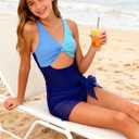 Funnycokid Girls One Piece Swimsuit Color Block Teen Bathing Suit with Pad Cover Up Skirt(7-16Y)