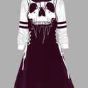 DRESSFO Women’s Gothic Skull Print Hoodie Dress – Long Sleeve Lace Up Colorblock A-Line Mini Dress with Hood (Concord/Small)