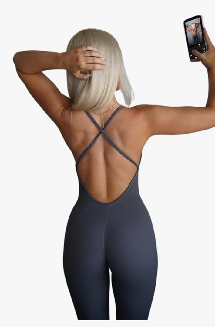 AUROLA Women Jumpsuits for Workout Yoga Gym, Seamless Strappy One Piece Padded Bra Bodysuits, Size Medium