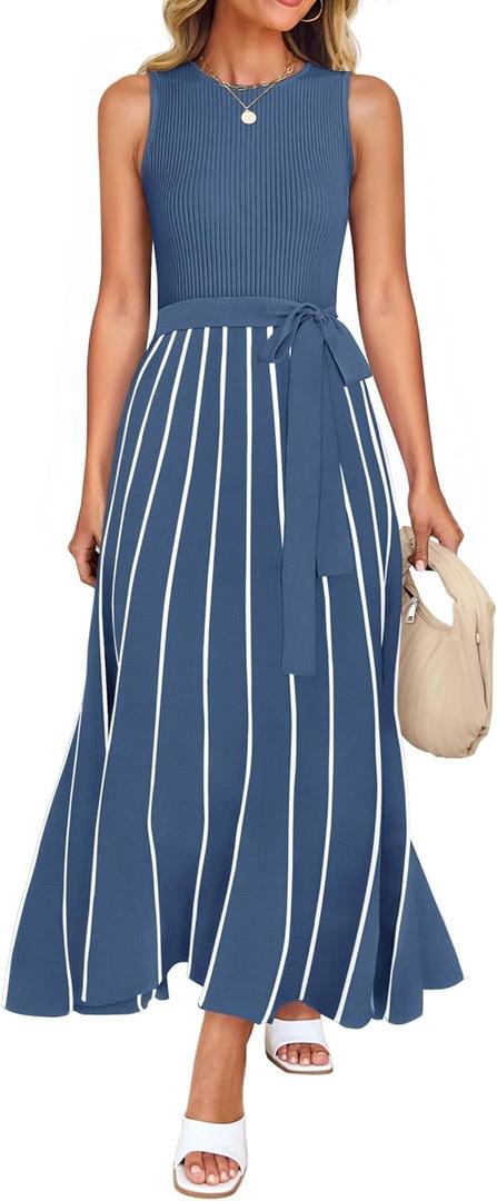 ZESICA Women's Summer Sleeveless Maxi Dress 2025 Crewneck Ribbed Knit Tie Waist Casual A Line Sweater Dresses (Medium)