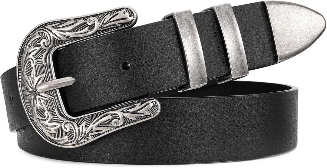 JASGOOD Women Leather Belts Ladies Vintage Western Design Black Waist Belt for Pants Jeans Dresses (Fit Size 28"-31", G-balck Silver)