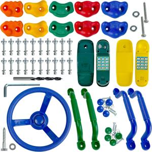 KINSPORY 17 Pack Playground Accessories for Kids - 10pc Colourful Rock Climbing Holds, 4pc Climbing Handles & Grips, 2pc Play Phones and Steering Wheel for Wooden Playset, Swing Set & Tree House